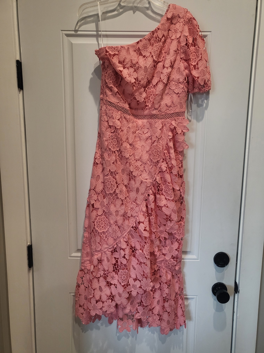 Just Me Coral One-Shoulder Lace Midi Dress